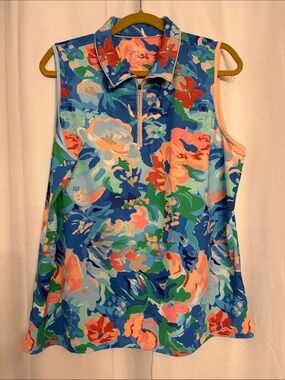 Walter Hagen Coral and Blue Floral Sleeveless Zip Polo